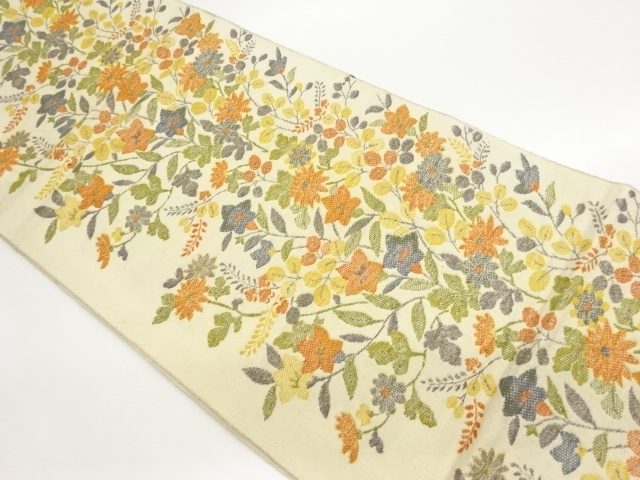 草花に葉模様織出し名古屋帯